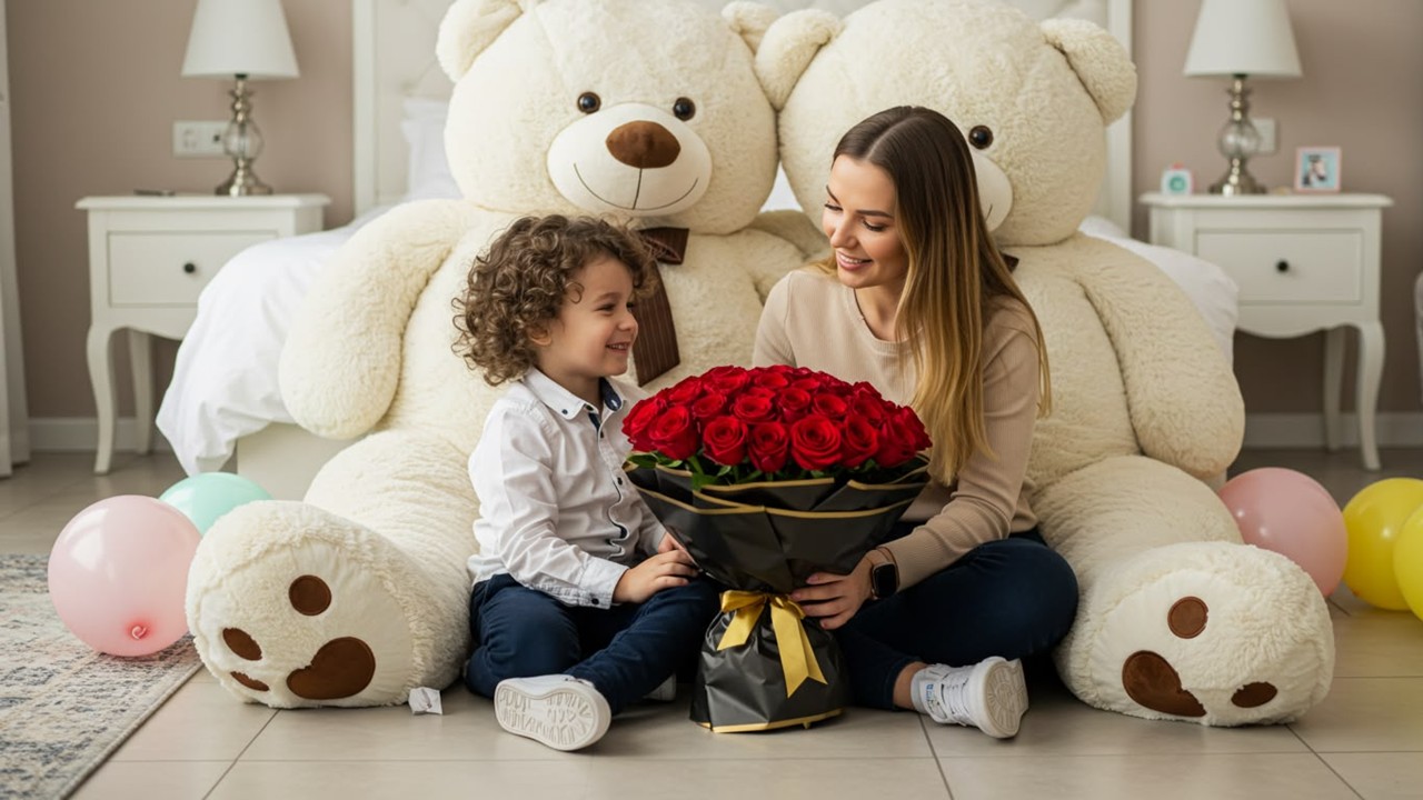 Detalle sorpresa con globo Happy Birthday, rosas rojas y oso de peluche